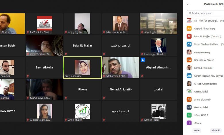 صورة جلسة رقمية بعنوان “تجارب لاعنفية وكيفية الاستفادة منها في الحالة الفلسطينية”.